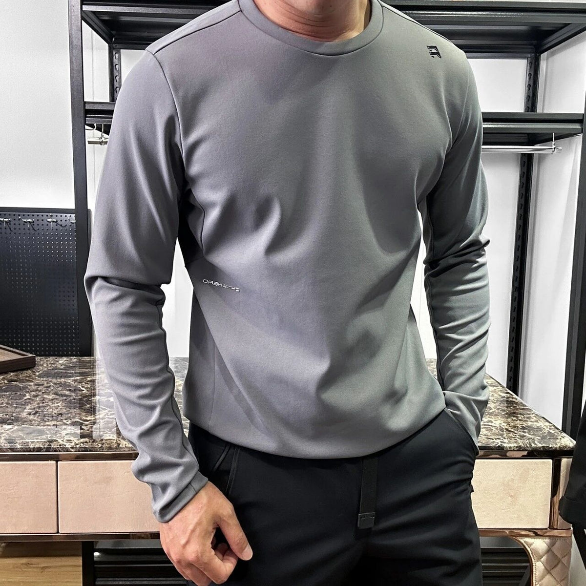 Men's Long-Sleeve Crew-Neck T-Shirt - Breathable Stretch Fabric