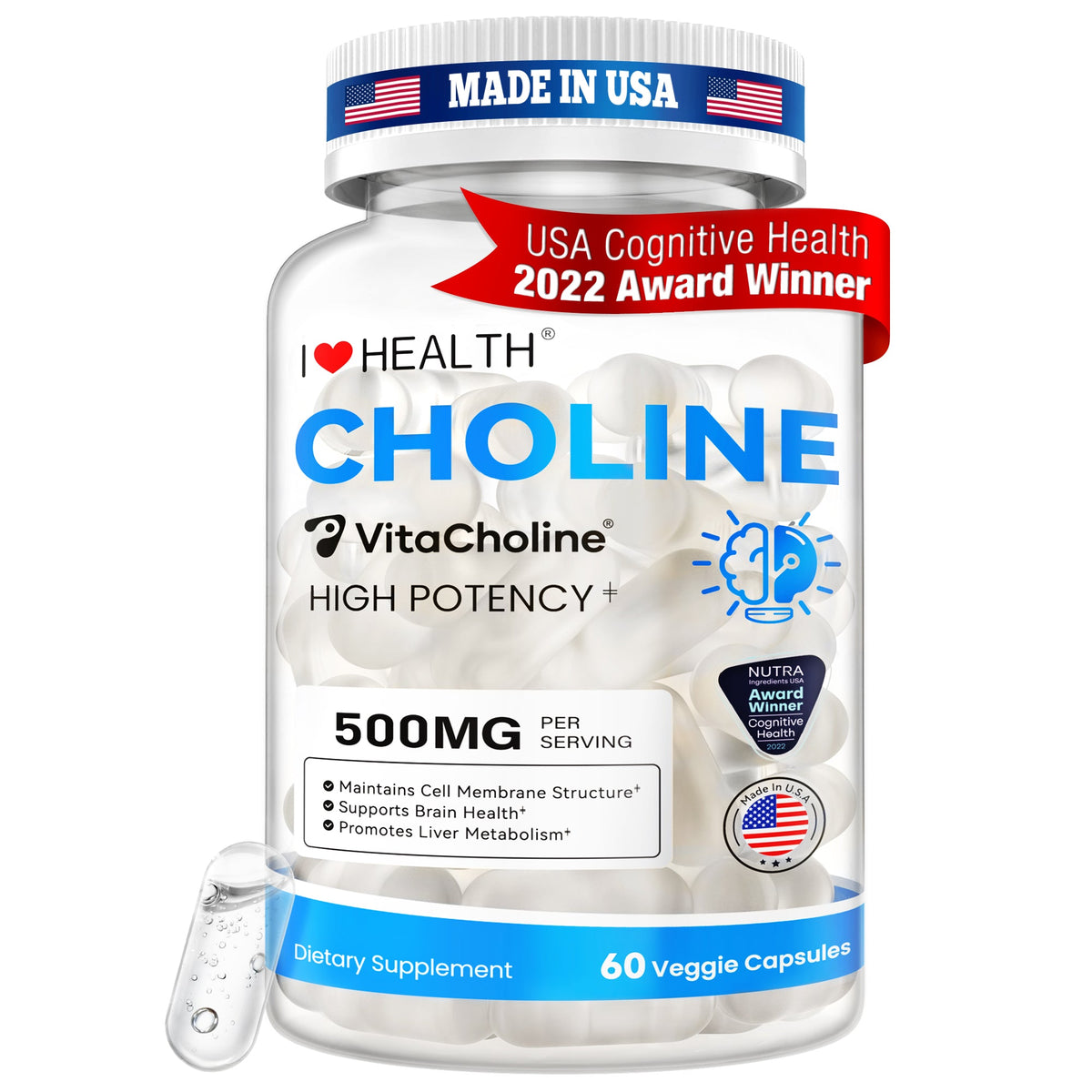 First Liquid Choline Supplement 500mg with VitaCholine® – USA Cognitive Health Award Winner – Superior Absorption – Supports Pregnancy, Baby Brain Development, Liver & Cell Health – 60 Veggie Capsules