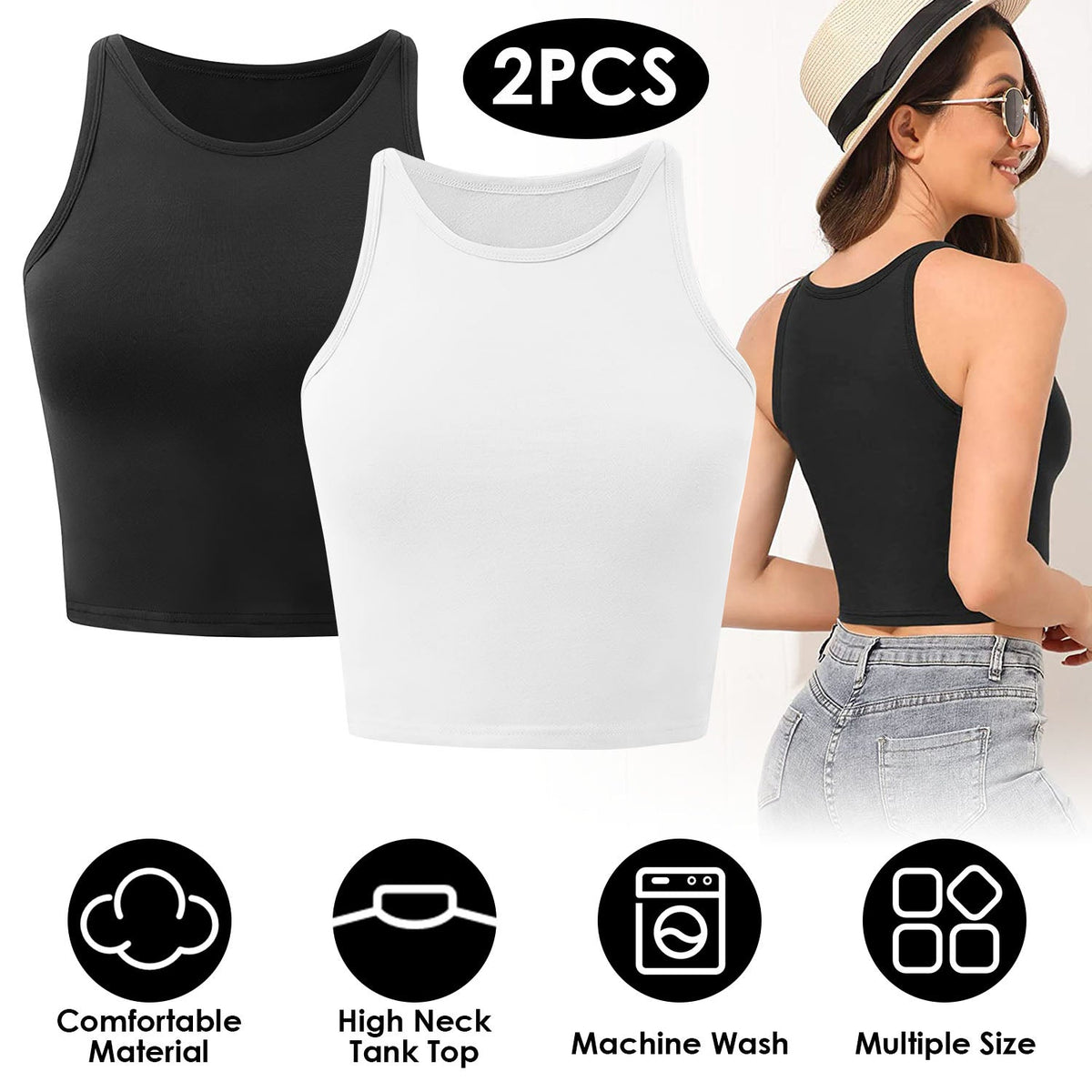 Top corto de tirantes para mujer, cuello alto y espalda deportiva, lavable a máquina - Tallas S a 2XL
