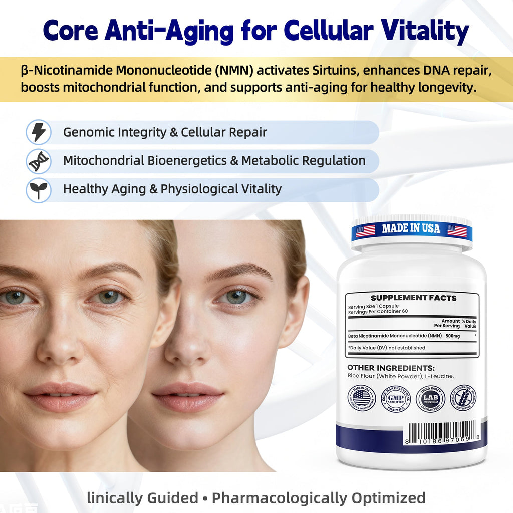 NMN 500mg – 99.9% Pure NMN Supplement, Boost NAD+ Levels, Cellular Energy & Healthy Aging Support, 60 Capsules, Third-Party Tested, NSF cGMP, Made in USA