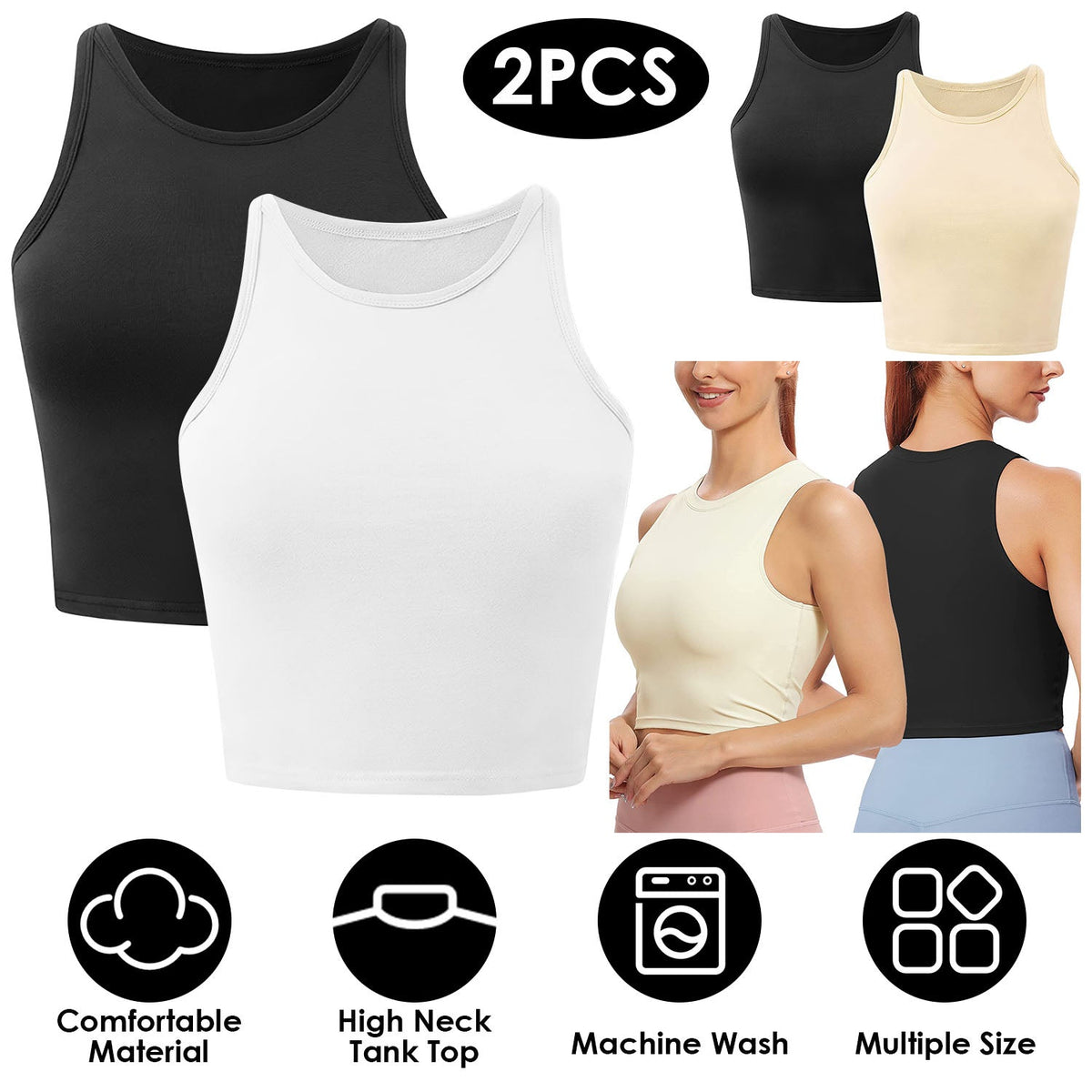 Top corto de tirantes para mujer, cuello alto y espalda deportiva, lavable a máquina - Tallas S a 2XL