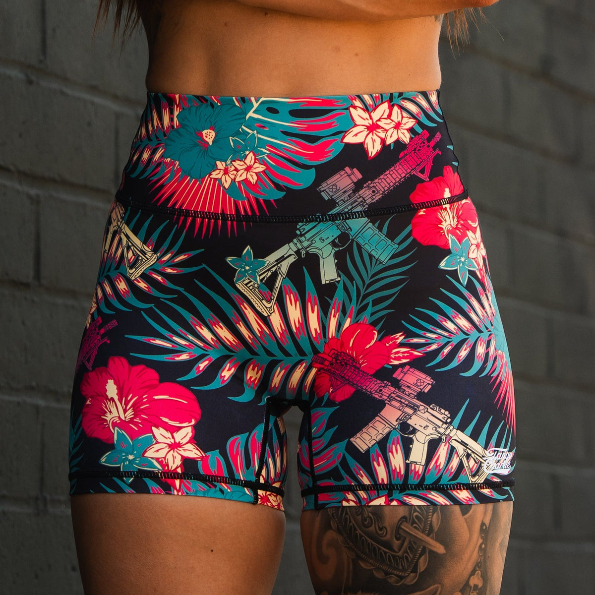 Tropical Assassin - Pantalón corto de compresión de cintura alta para mujer