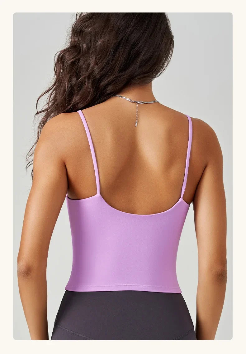 Top deportivo suave y elástico con escote en U y copas fijas para mujer - Gimnasio y yoga