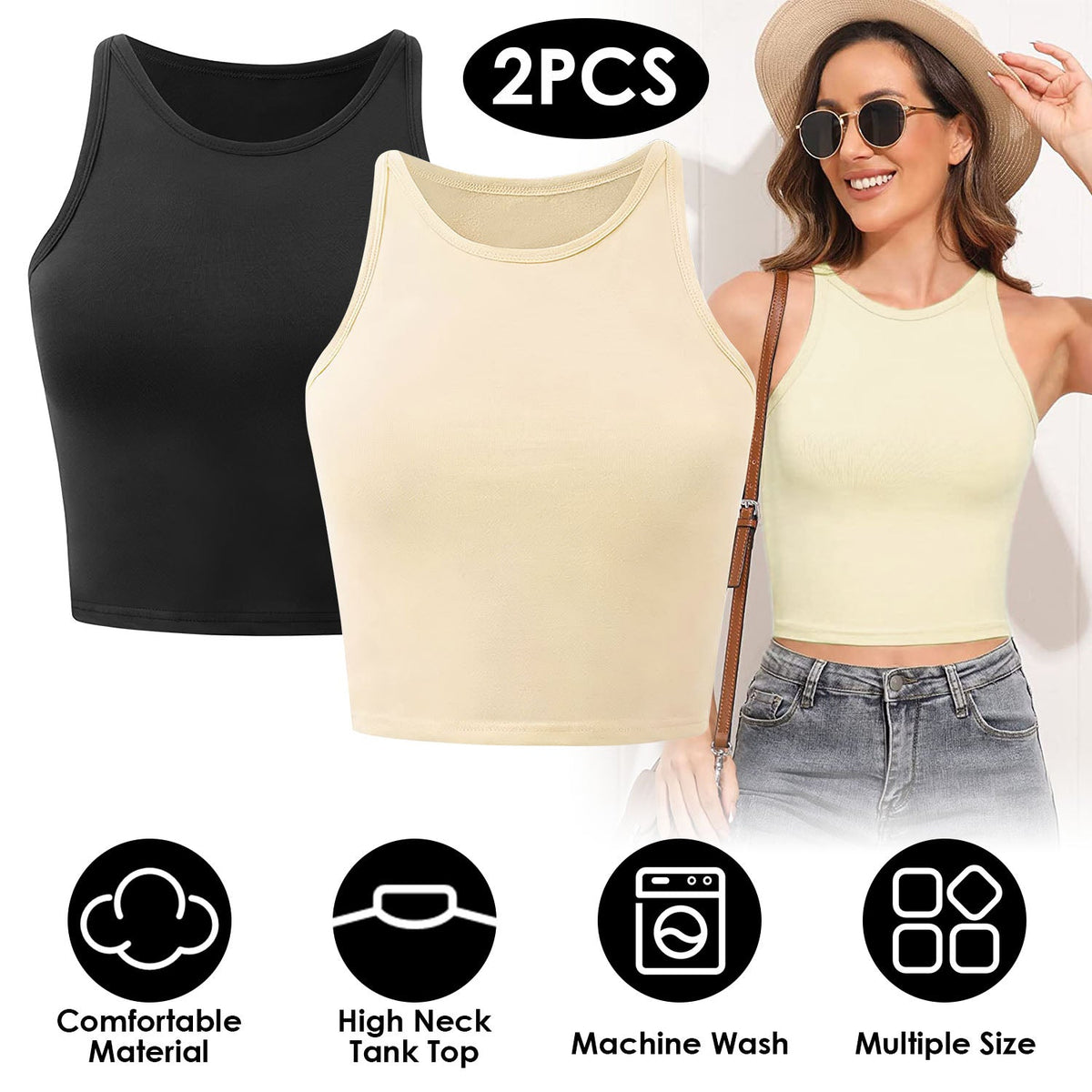 Top corto de tirantes para mujer, cuello alto y espalda deportiva, lavable a máquina - Tallas S a 2XL