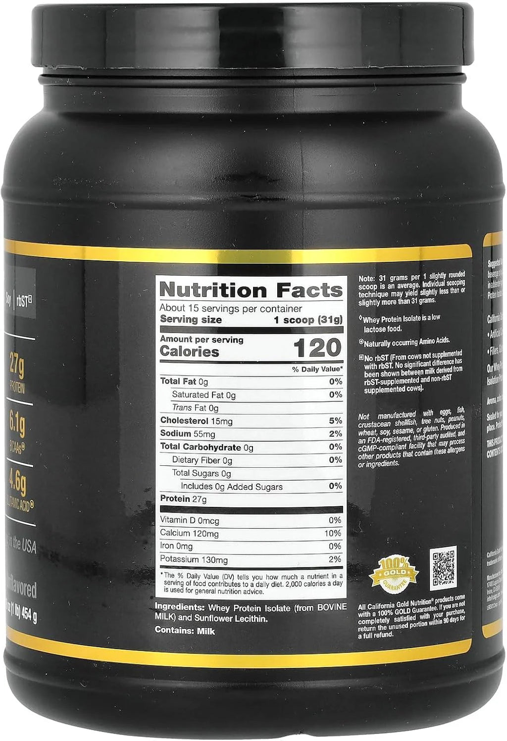 California Gold Nutrition Sport - Aislado de proteína de suero, 454 g, sin sabor