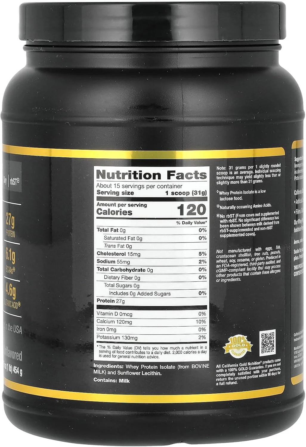 California Gold Nutrition Sport - Aislado de proteína de suero, 454 g, sin sabor