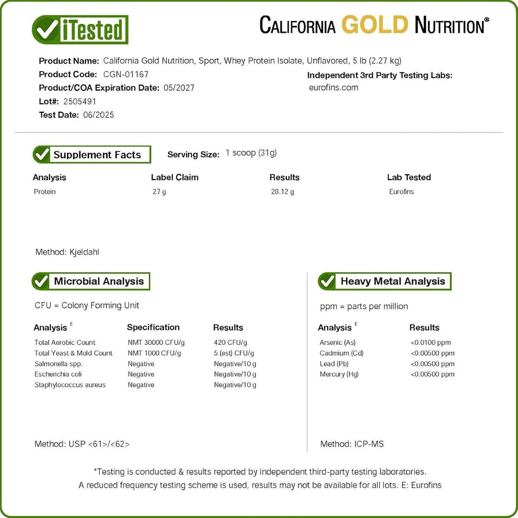 California Gold Nutrition Sport - Aislado de proteína de suero, 454 g, sin sabor